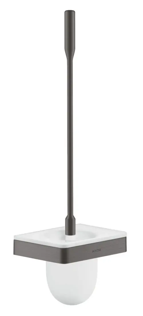 Toilettenbürstenhalter für die Wandmontage in Brushed Black Chrome von AXOR. Mit einem quadratischen weißen Behälter und einem langen, schmalen Griff.